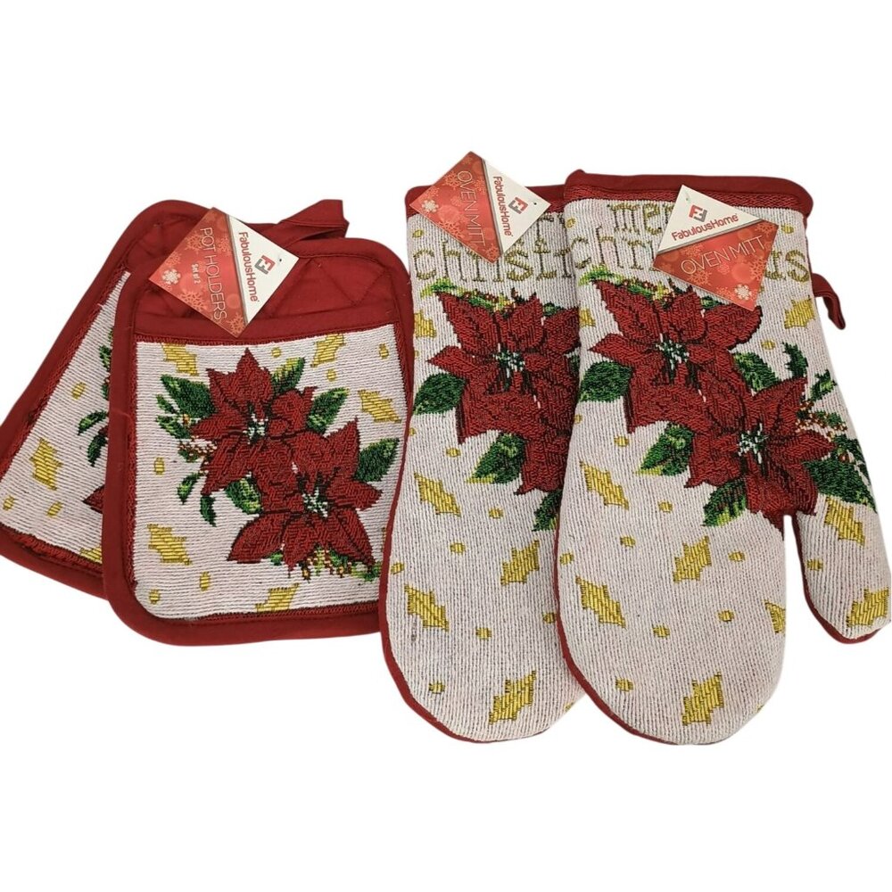 FabulousHome Christmas Oven Mitts & Pot Holders Set Poinsettia Design Red & Whit